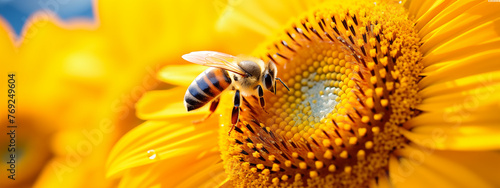 Close-Up of Honeybee on Sunflower in Bloom