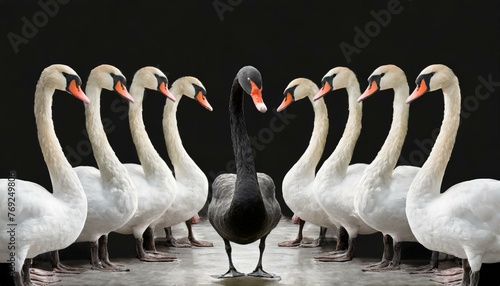 One black swan in a flock of white swans illustrating an anomaly or oddity photo