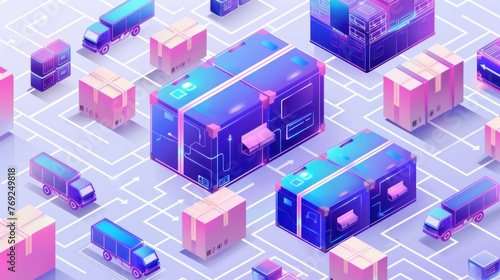 A stylized digital rendering of a logistics network with autonomous delivery trucks and smart distribution hubs in pastel tones.