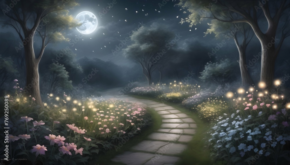 Enchanting Moonlit Garden With Blooming Flowers M