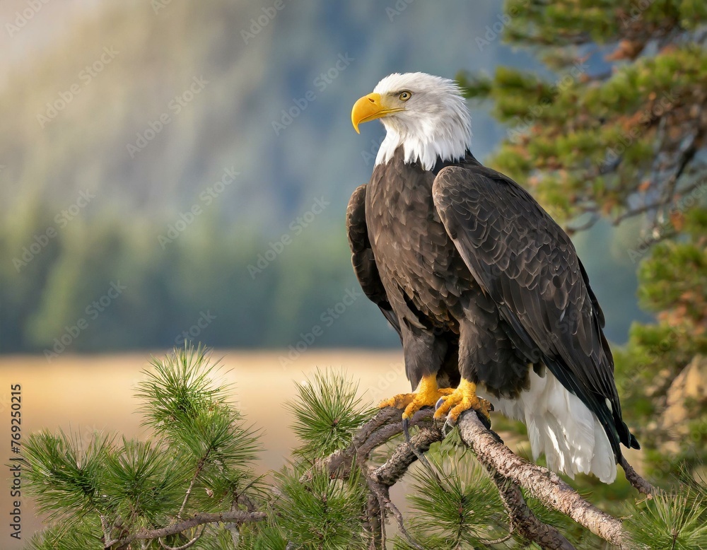 Majestic male bald eagle perched on a pine tree in a forest Majestic male bald eagle perched on a pine tree in a forest