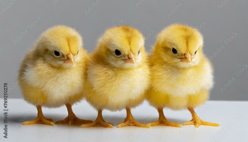Three newly-hatched chickens in a line
