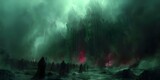 Digital artwork depicting a fantasy battle scene with orcs elves soldiers demons and a dark atmospheric background. Concept Fantasy Battle, Orcs, Elves, Soldiers, Demons, Dark Atmosphere