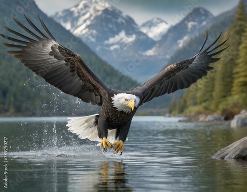 Male bald eagle in flight in a forest with a lake © Rex Wholster