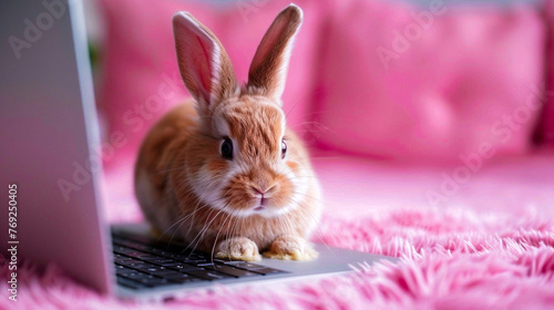 Cute brown rabbit on a laptop keyboard with a pink fuzzy background suggesting work from home
