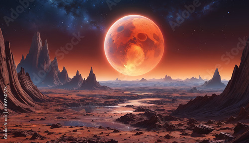 A desert unearthly landscape with a red moon in the background. The desert is vast and empty, with no signs of life or vegetation.