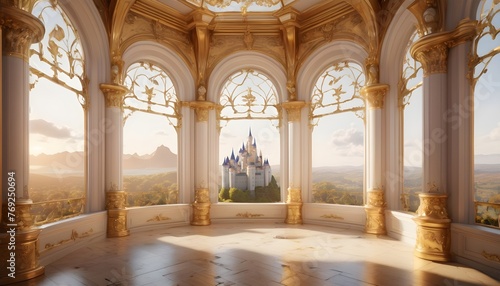 A large white and golden castle interior view
