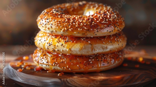 Bagels are ring-shaped bread rolls, boiled then baked, originating from Jewish communities in Poland. They have a chewy interior with a shiny crust.
 photo