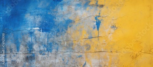 A vibrant close-up photo showing a wall painted in yellow and blue hues, featuring a white bird perched on the surface