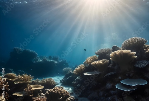 underwater scene of a reef  Underwater scene with sunlight filtering through the surface  highlighting coral formations and marine flora on the ocean floor