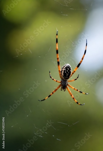 A yellow orange spider waiting for its next prey on its web © Studio One