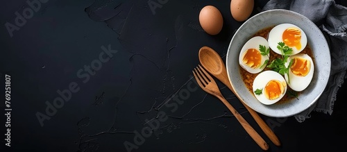 Stewed or hard-boiled eggs with sweet gravy in white bowl with wooden utensils on black background - Thai cuisine setting