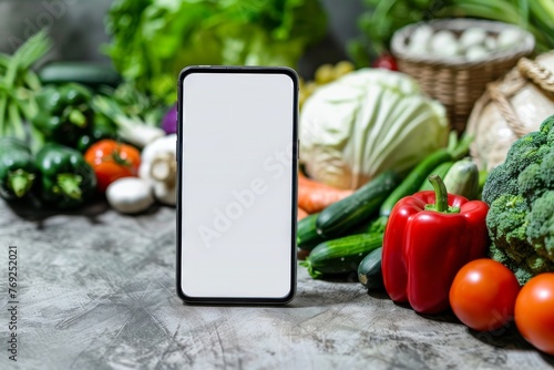 Smartphone with white screen amid fresh vegetables