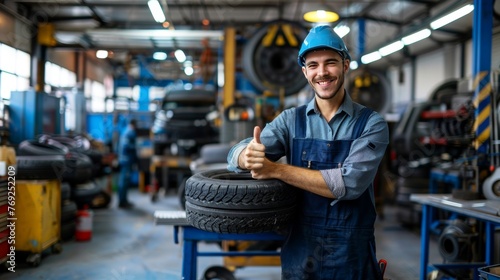 Mechanic giving thumbs up by car tire in busy auto shop, symbolizing top notch service. photo