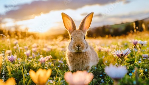 cute rabbit sitting between flowers in beautiful rich spring meadow easter bunny