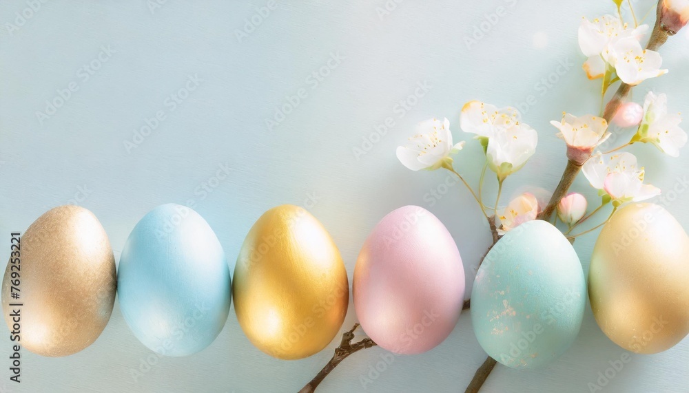 row of colorful easter eggs over light blue background with space for text set of easter eggs photo for poster card o greetings