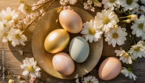 flat lay of easter eggs in pastel colors with beautiful spring flowers