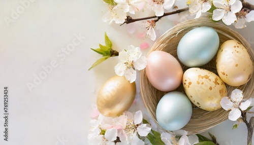 happy easter colorful easter eggs with blossoms and spring flowers flat lay on light background stylish tender spring template with space for text greeting card or banner copy space