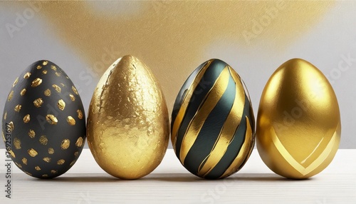 easter holiday celebration banner greeting card set collection of colorful black gold painted easter eggs isolated on white table texture