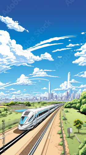 High-Speed Train Approaching City

