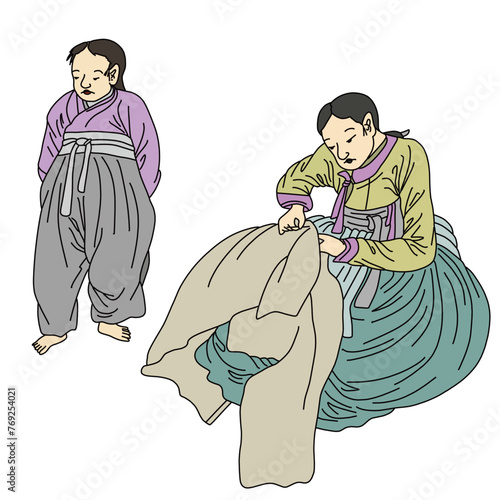 a scolding child and a mother mending clothes. korean tranditional illustration
