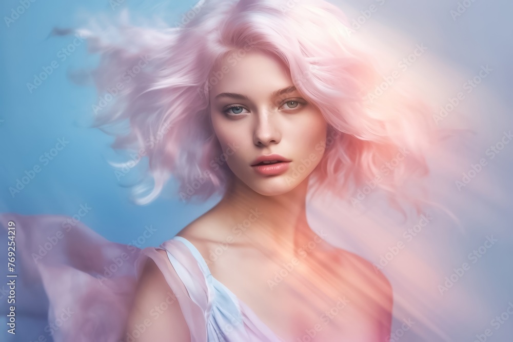 Female model with pastel dyed hair on color background. Close up portrait of gorgeous young woman's face. Generative AI.