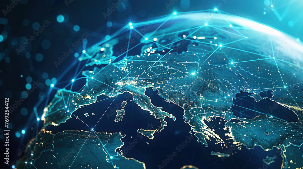 Digital world globe centered on Europe, concept of global network and ...