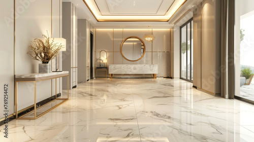 A sleek and polished entryway with marble flooring and a goldframed mirror on the wall. . . photo