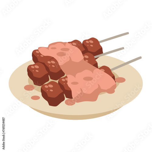 Brochette or suya vector illustration, sate or beef satay skewers with peanut sauce, yakitori or chuanr on plate, satti or kebab picture