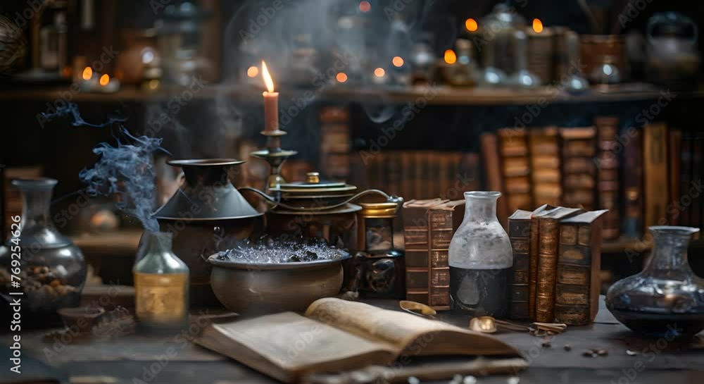 Wizards brewing magical potions, spell books and bubbling cauldrons, mystical lab Wizards brewing magical potions, spell books and bubbling cauldrons, mystical lab
