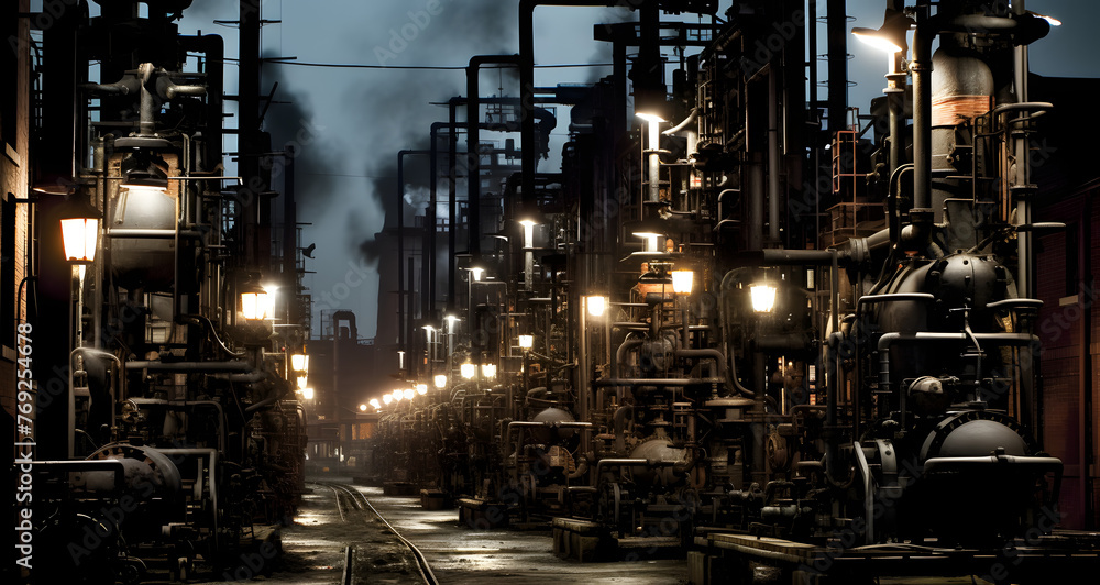a factory in the middle of a night with lots of pipes and lights