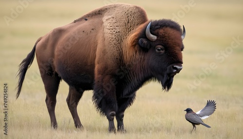 A Bison With A Bird Perched On Its Back