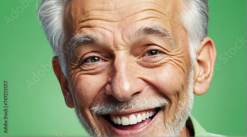 young american elderly man on plain bright green background laughing hysterically looking at camera background banner template ad marketing concept from Generative AI