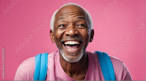 young black african elderly man on plain bright pink background laughing hysterically looking at camera background banner template ad marketing concept from Generative AI