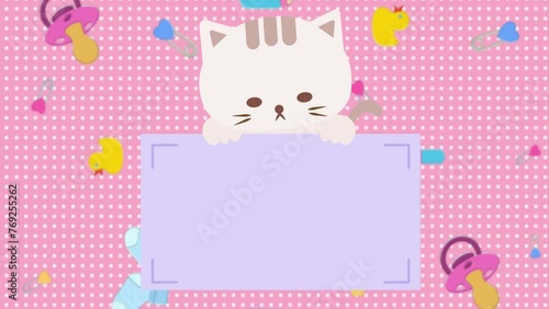 Cartoon cute cat holding banner board, memo for text