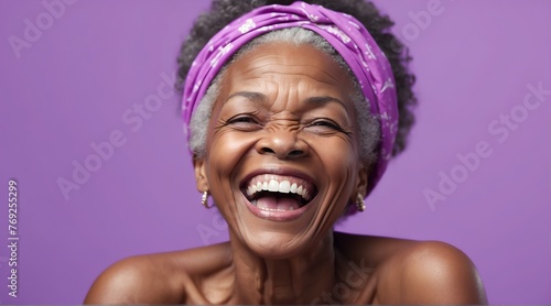 young black african elderly woman on plain bright purple background laughing hysterically looking at camera background banner template ad marketing concept from Generative AI