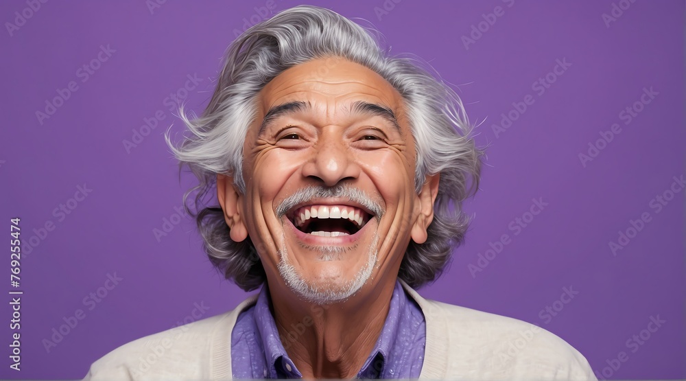 young hispanic elderly man on plain bright purple background laughing hysterically looking at camera background banner template ad marketing concept from Generative AI