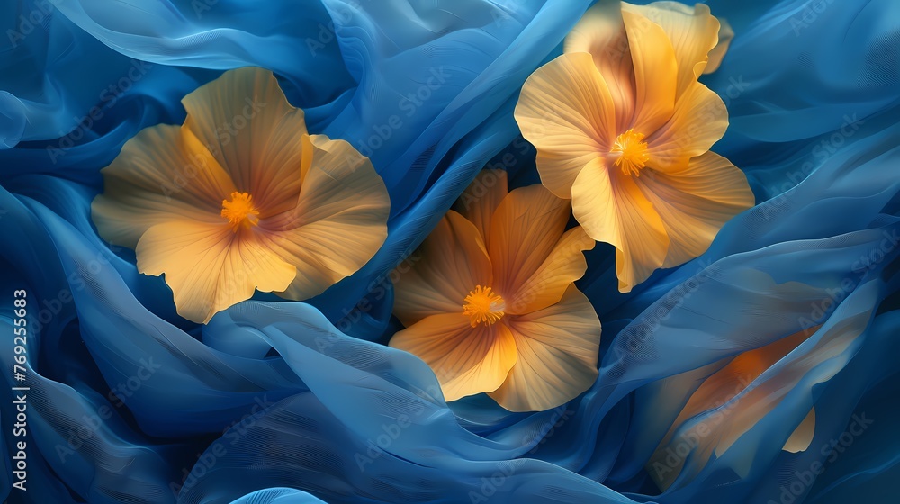 Digital blue and yellow flower fabric abstract graphics poster web page PPT background with generative