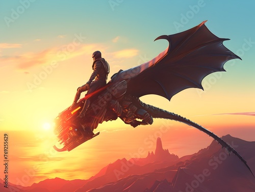 The Legendary Black Knight Soaring on the Majestic Dragon in the Breathtaking Sunset Sky,Digital Fantasy Painting
