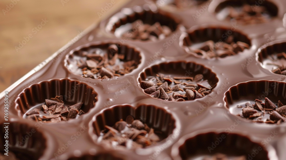 A tray filled with an assortment of delicious chocolates in various sizes and flavors, creating a tempting display. A tray filled with an assortment of delicious chocolates in various sizes and flavors, creating a tempting display.
