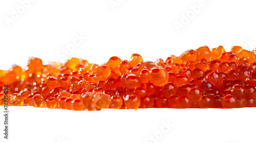 Red salmon caviar in white background. Copy space. Top view. photo