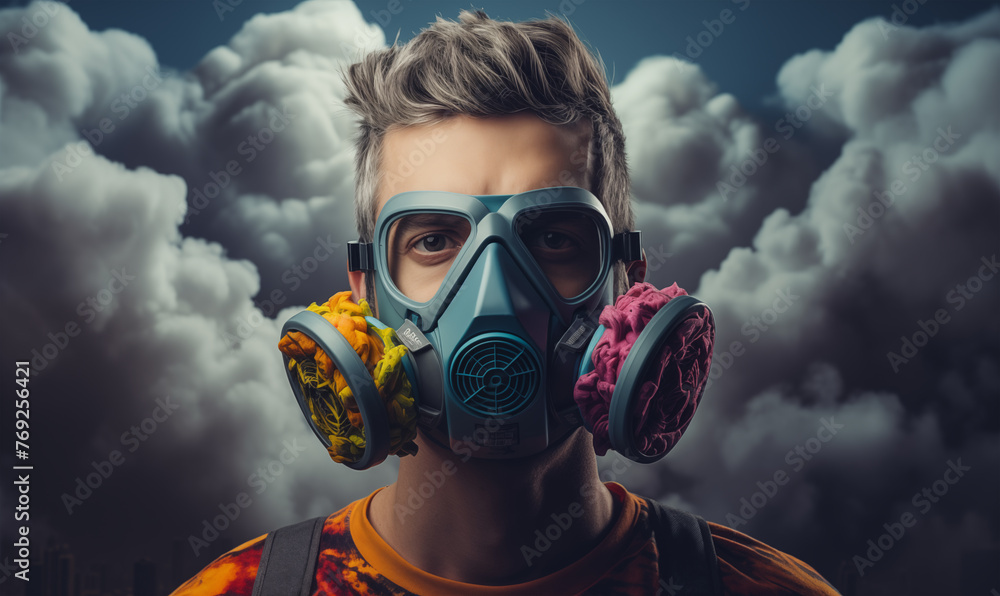 Future person wearing a fashionable oxygen mask in the age of air pollution Future person wearing a fashionable oxygen mask in the age of air pollution