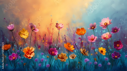 Digital watercolor wild flowers canvas abstract graphics poster web page PPT background with generative © jinzhen