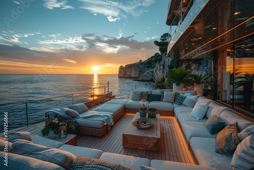 Extravagant seafront yacht deck with cozy lounge area against a mesmerizing sunset over the ocean, showing the life of luxury photo