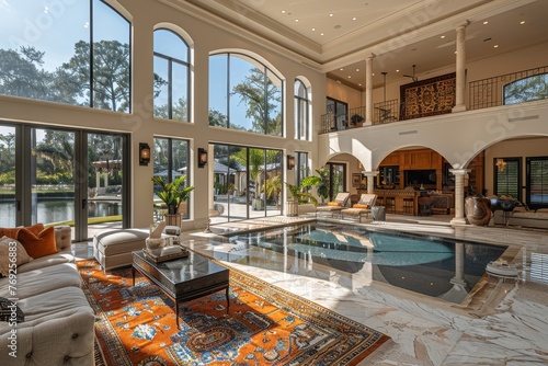 Majestic residence featuring a palatial living room with an indoor pool overlooking a private estate, showcasing lavish lifestyle photo