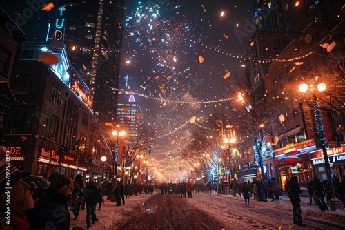 A winter celebration on a busy street illuminated by thousands of tiny lights and a firework display above photo