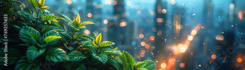 Urban garden on a skyscraper's rooftop, cityscape background, showcasing vertical farming technology.