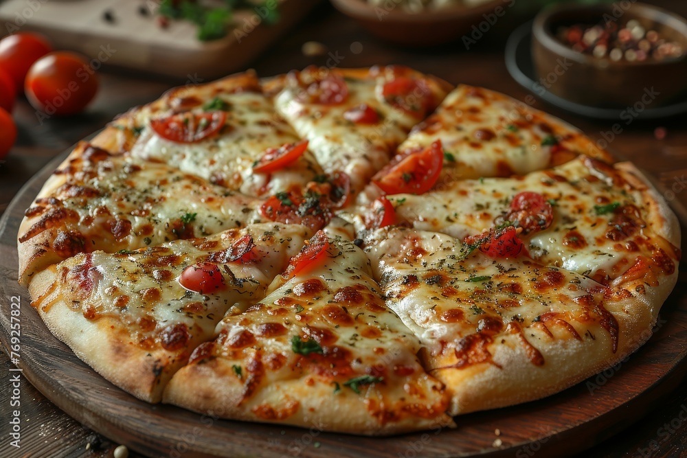 A close-up of a mouth-watering pizza, topped with melting cheese, herbs, and fresh cherry tomatoes, ready to eat A close-up of a mouth-watering pizza, topped with melting cheese, herbs, and fresh cherry tomatoes, ready to eat