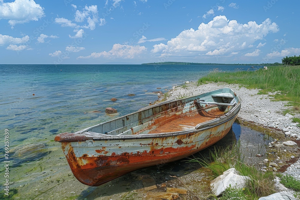 A vintage, rusted boat sits abandoned on a pebbly shore, against a backdrop of calm water and clear skies