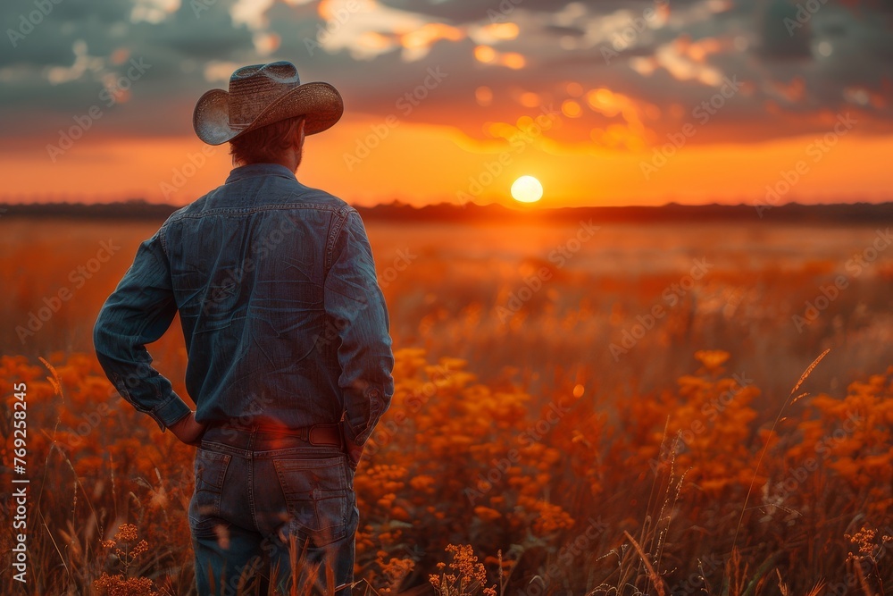 A contemplative man in a cowboy hat stands overlooking a golden country field at sunset